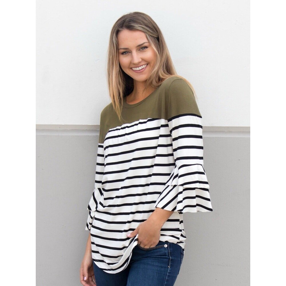 Tickled Teal XL Double Ruffle Striped Color Block Top Black White Olive Green